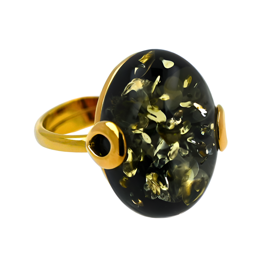 Amber Omega Ring, Green, Gold-plated silver