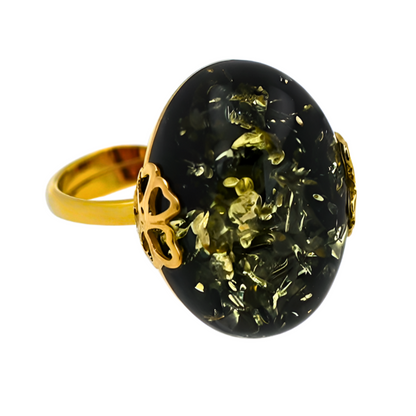 Amber Flower Ring, Green, Gold Plated Silver