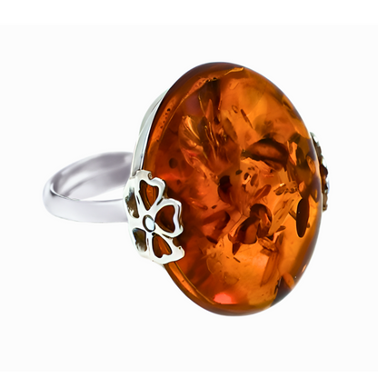 Amber Flower Ring, Cognac, Silver 925