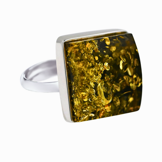 Square Ring Amber, Green, Silver 925