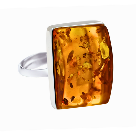 Rectangular Ring Amber, Cognac, Silver 925