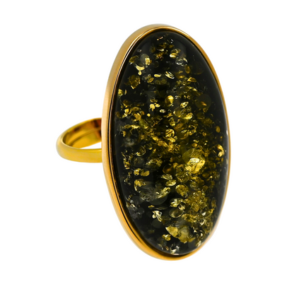 Green Baltic Amber Ring, Oval, Gold-plated Silver