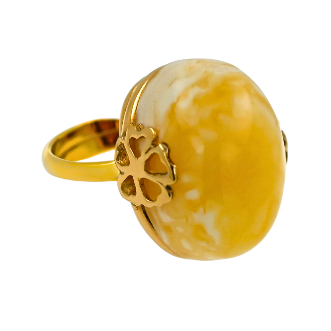 Amber Flower Ring, Milky, Gold-plated Silver