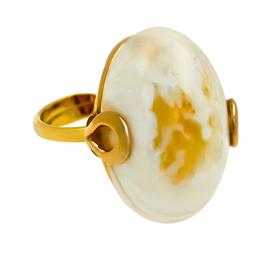 Ring Amber Omega, Milky, Unique, Gold-plated silver