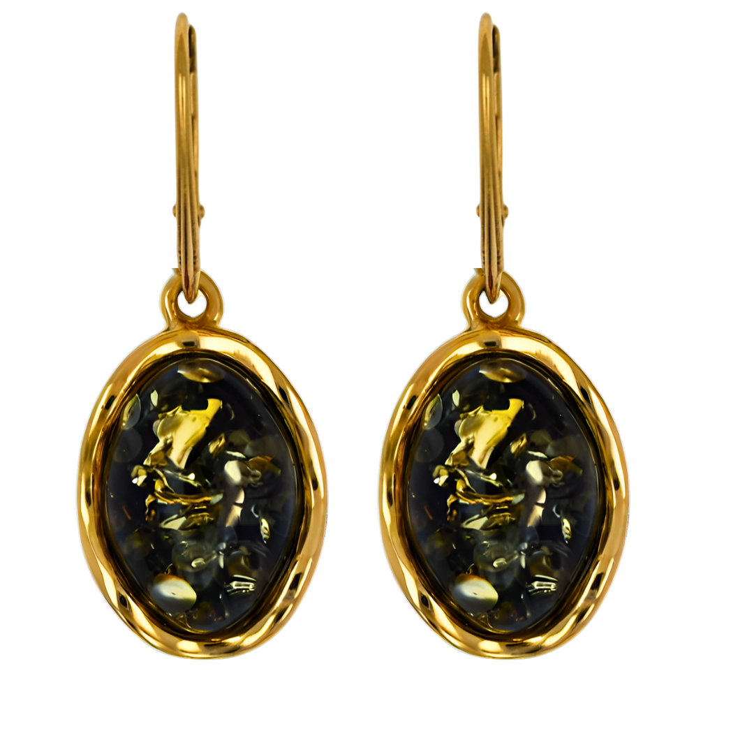 Amber Wave Earrings, Green, Gold-plated Silver 925