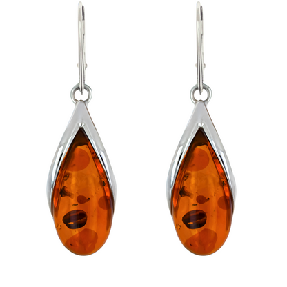 Amber Drop Earrings, Cognac, Silver