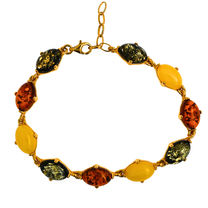 Baltic Amber Bracelet, Multicolor, Gold-Plated Silver 925