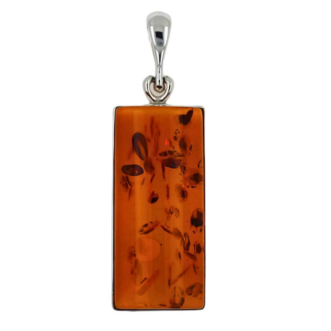 Rectangular Amber Pendant, Cognac, 925 Silver