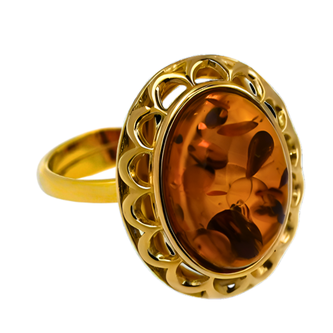 Amber Elegance Ring, Cognac, Gold-Plated Silver