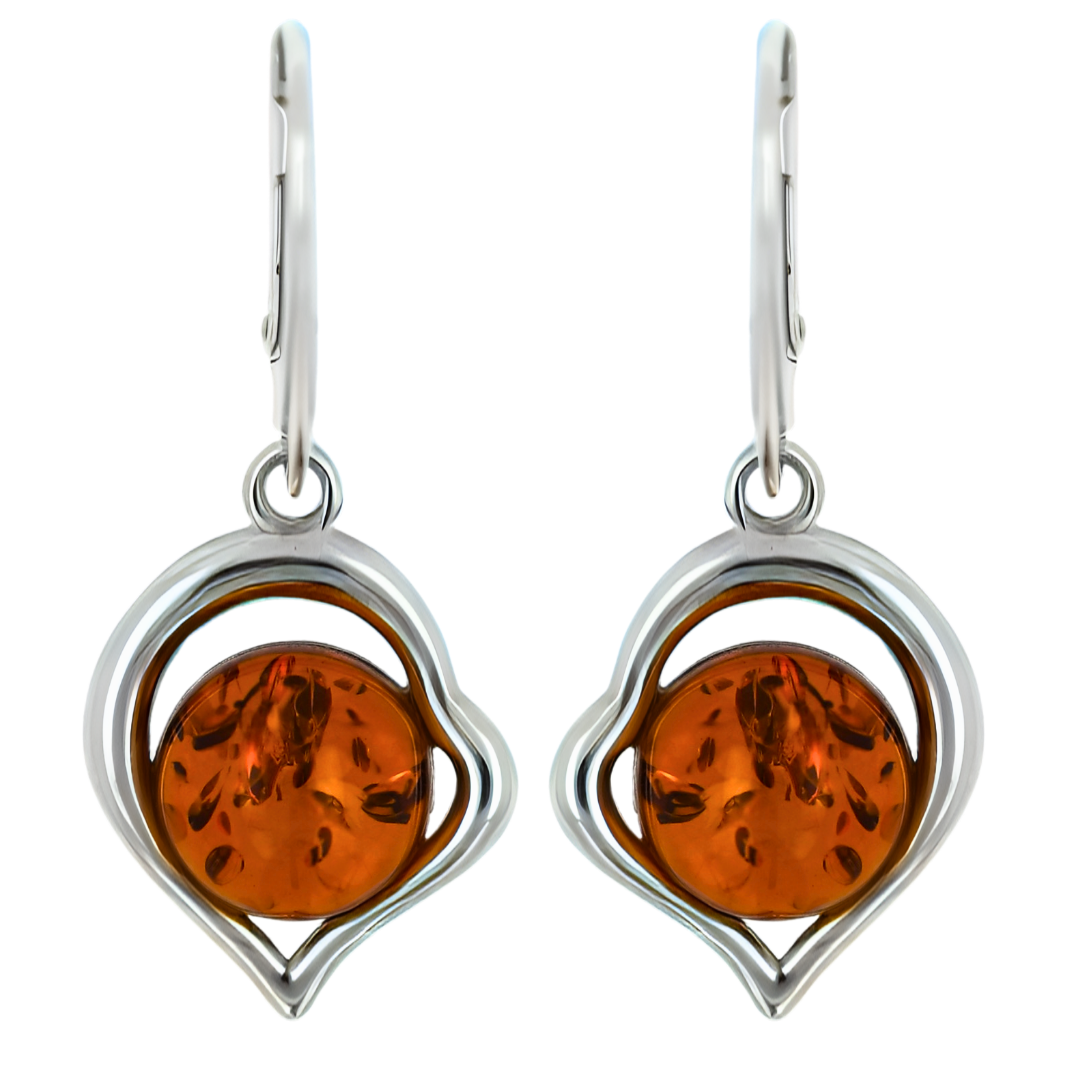Amber Heart Earrings, Cognac, Silver 925