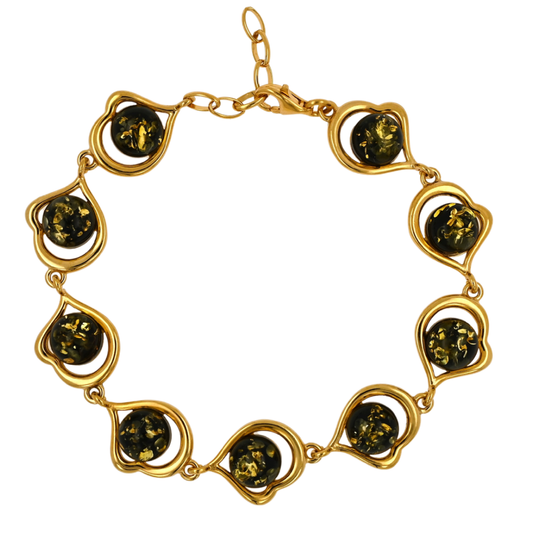 Bransoletka Bursztynowe Serce, Zielony, Pozłacane Srebro 925