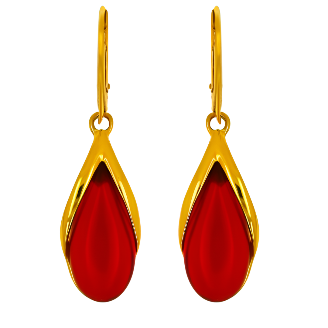 Amber Drop Earrings, Red, Gold-plated silver