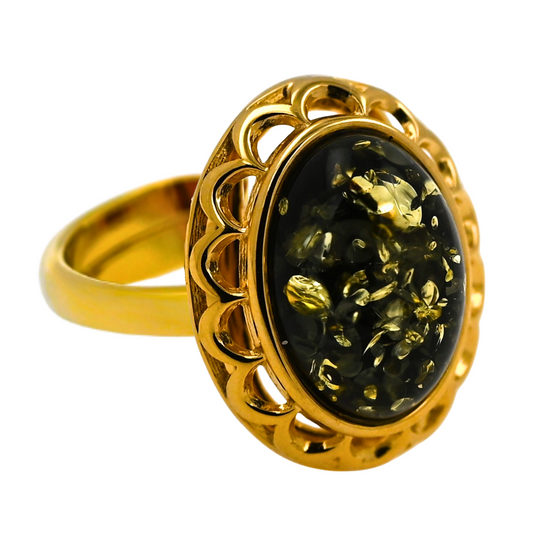 Pierścionek Bursztynowa Elegancja, Zielony, Pozłacane Srebro 925