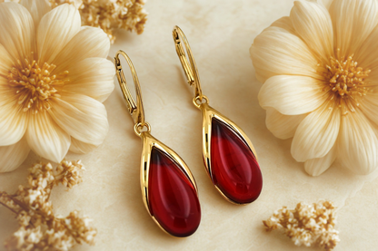 Amber Drop Earrings, Red, Gold-plated silver