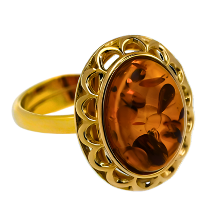 Pierścionek Bursztynowa Elegancja, Koniak, Pozłacane Srebro