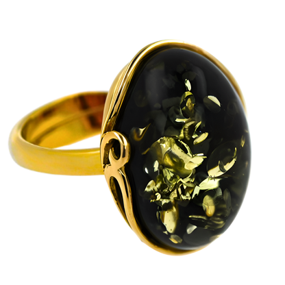 Pierścionek Bursztynowa Harmonia, Zielony, Pozłacane srebro