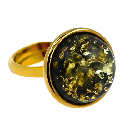 Pierścionek Bursztynowa Aura, Zielony, Pozłacane srebro