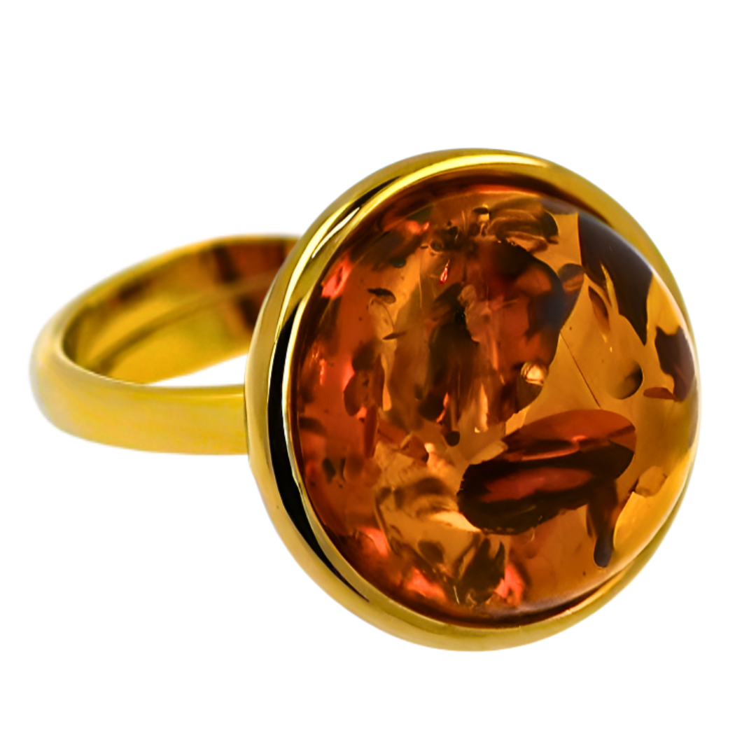 Pierścionek Bursztynowa Aura, Koniakowy, Pozłacane srebro