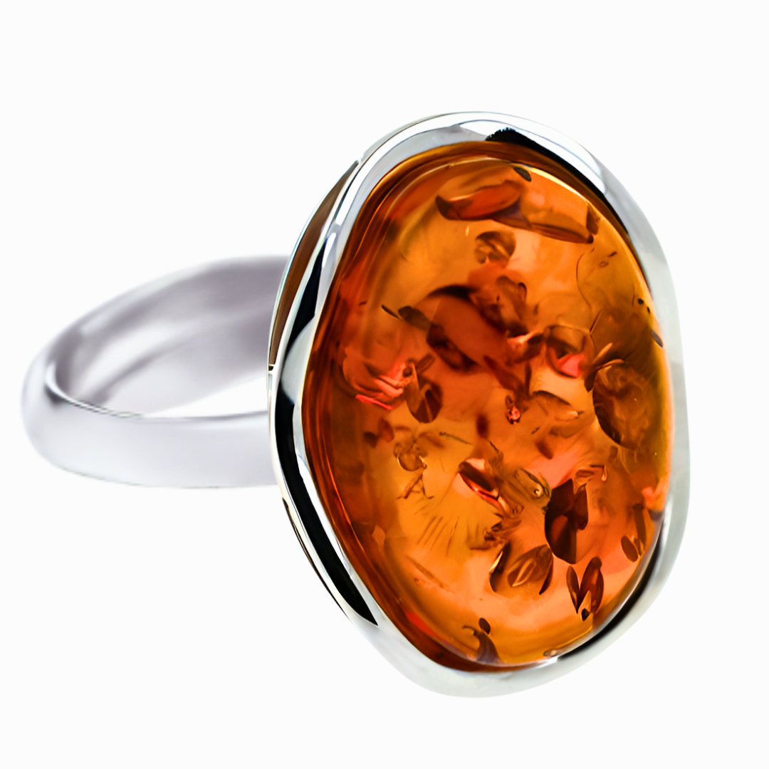 Pierścień Bursztynowa Fala, Koniak, Srebro 925