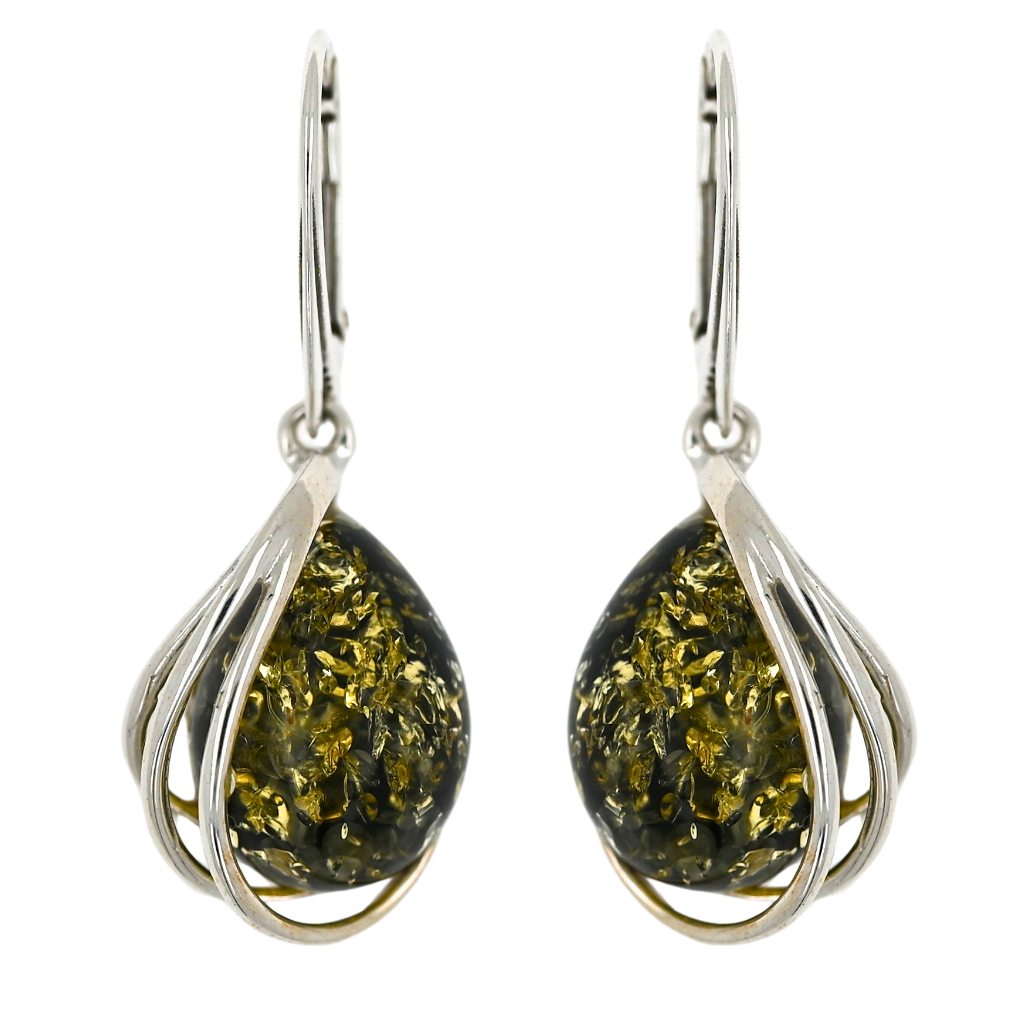 Kolczyki Bursztynowa Harfa, Zielony, Srebro 925