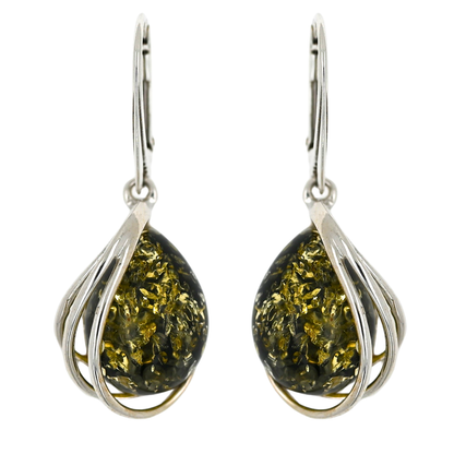 Kolczyki Bursztynowa Harfa, Zielony, Srebro 925