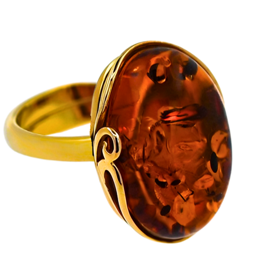 Pierścionek Bursztynowa Harmonia, Koniak, Pozłacane srebro