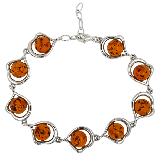 Bransoletka Bursztynowe Serce, Koniak, Srebro 925