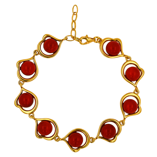 Bransoletka Bursztynowe Serce, Czerwony, Pozłacane Srebro 925