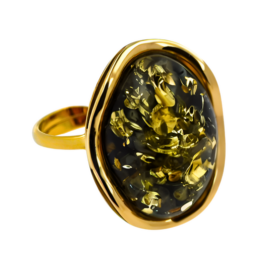 Amber Wave Ring, Green, Gold Plated Silver