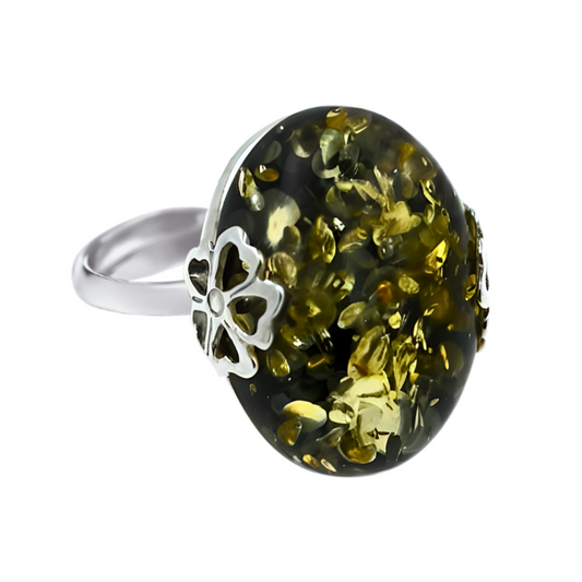 Amber Flower Ring, Green, Silver 925