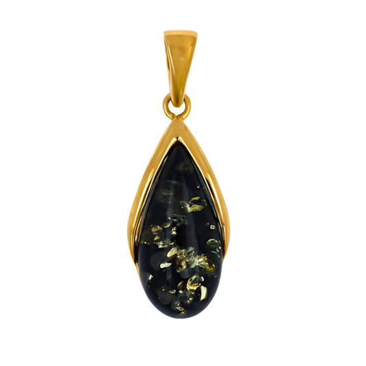 Amber Drop Pendant, Green, Gold Plated Silver 925