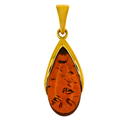 Amber Drop Pendant, Cognac, Gold-Plated Silver 925