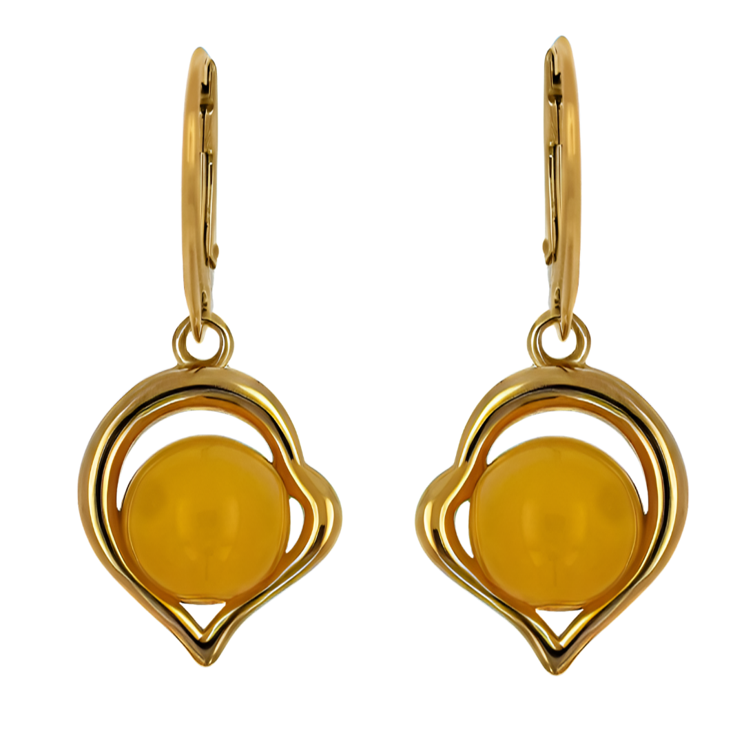 Kolczyki Bursztynowe Serce, Mleczny, Pozłacane Srebro 925