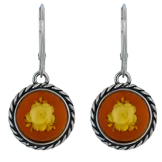 Kolczyki z Bursztynem i Rzeźbioną Różą Cameo | Srebro 925 | Elegancka Biżuteria
