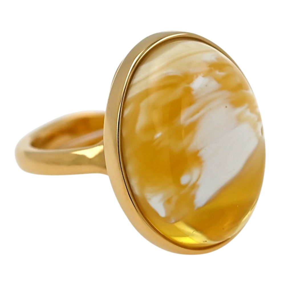 Unikatowym Pierścionek z Mlecznym Bursztynem Bałtyckim, Białe Mozaiki, Pozłacane Srebro 925