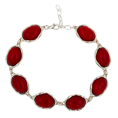 Bransoletka Bursztynowa Fala, Czerwony, Srebro 925