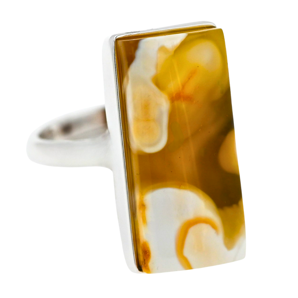 Unikatowy Prostokątny Pierścionek Mleczny Bursztynowy, Srebro 925