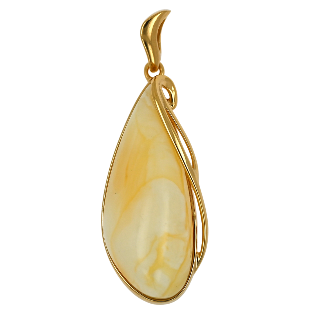 Unique Pendant with Milky Baltic Amber, Gold-Plated Silver 925