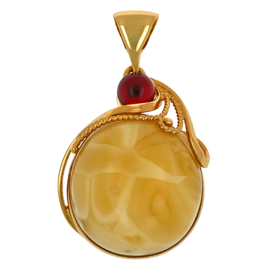 Unikatowy Wisior z Mlecznym Bursztynem i Czerwonym Akcentem, Pozłacane Srebro 925