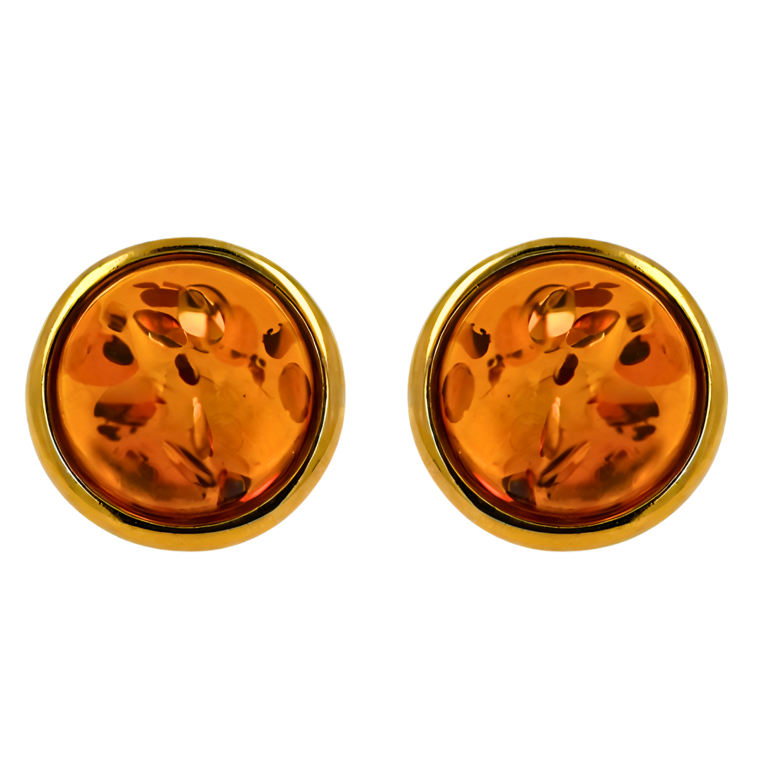 Stud Earrings Amber Aura, Cognac, Gold-Plated Silver 925