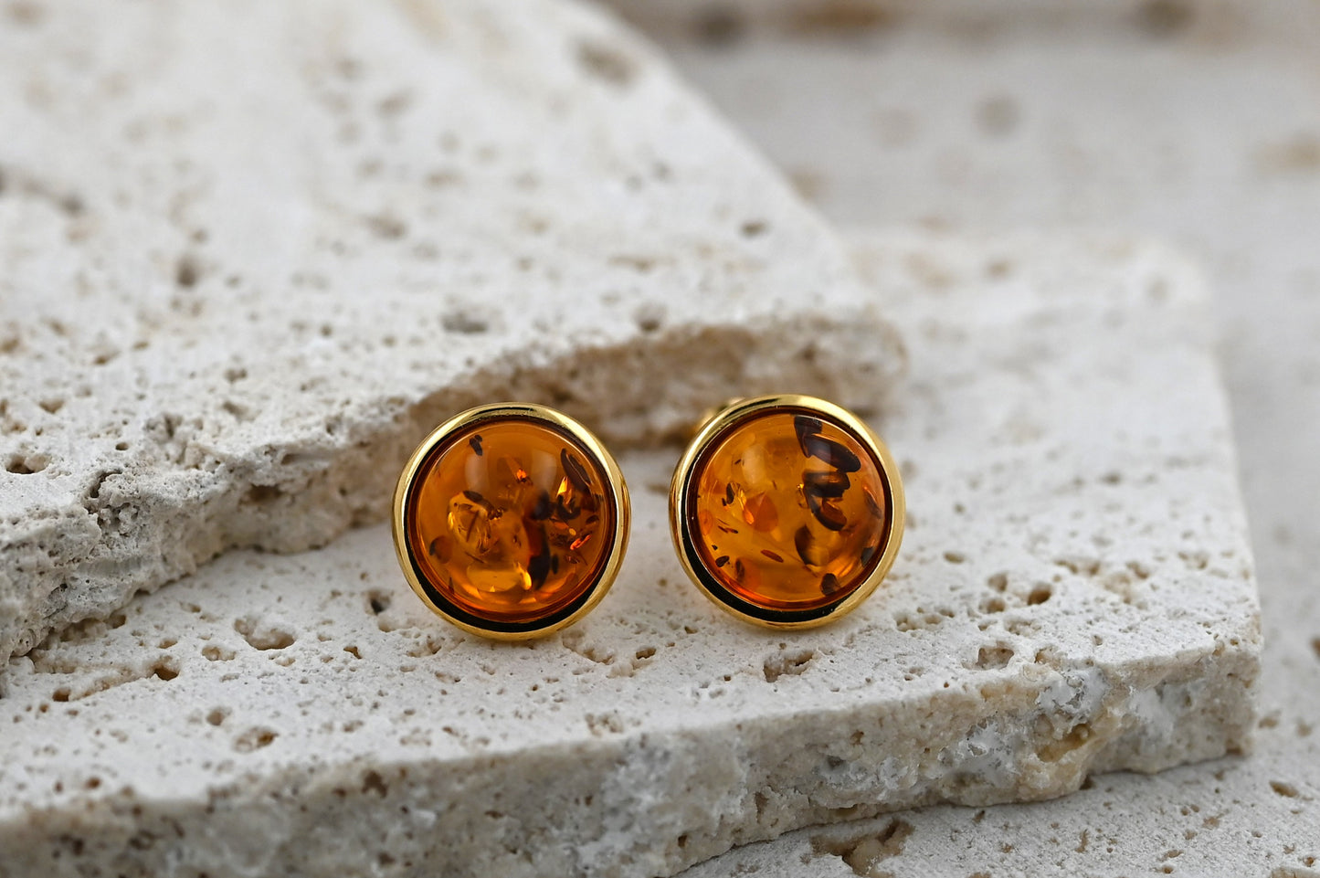 Stud Earrings Amber Aura, Cognac, Gold-Plated Silver 925