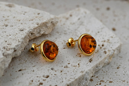 Stud Earrings Amber Aura, Cognac, Gold-Plated Silver 925