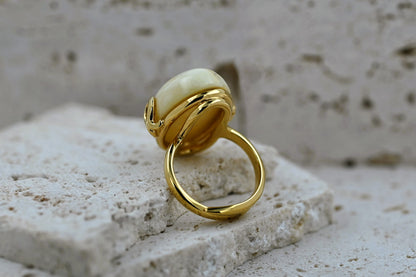 Ring Amber Omega, Milky, Unique, Gold-plated silver