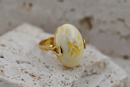 Ring Amber Omega, Milky, Unique, Gold-plated silver