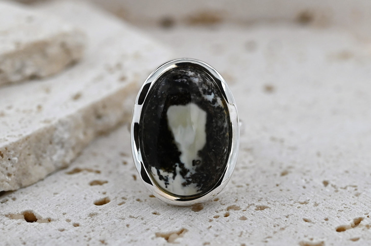 Amber Wave Ring, Black, White, Silver 925