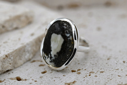 Amber Wave Ring, Black, White, Silver 925