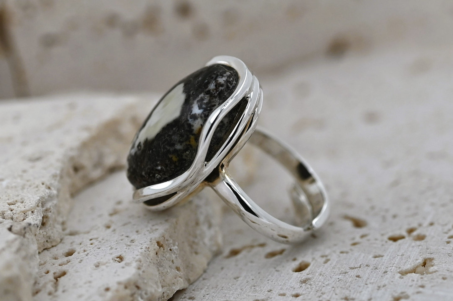 Amber Wave Ring, Black, White, Silver 925