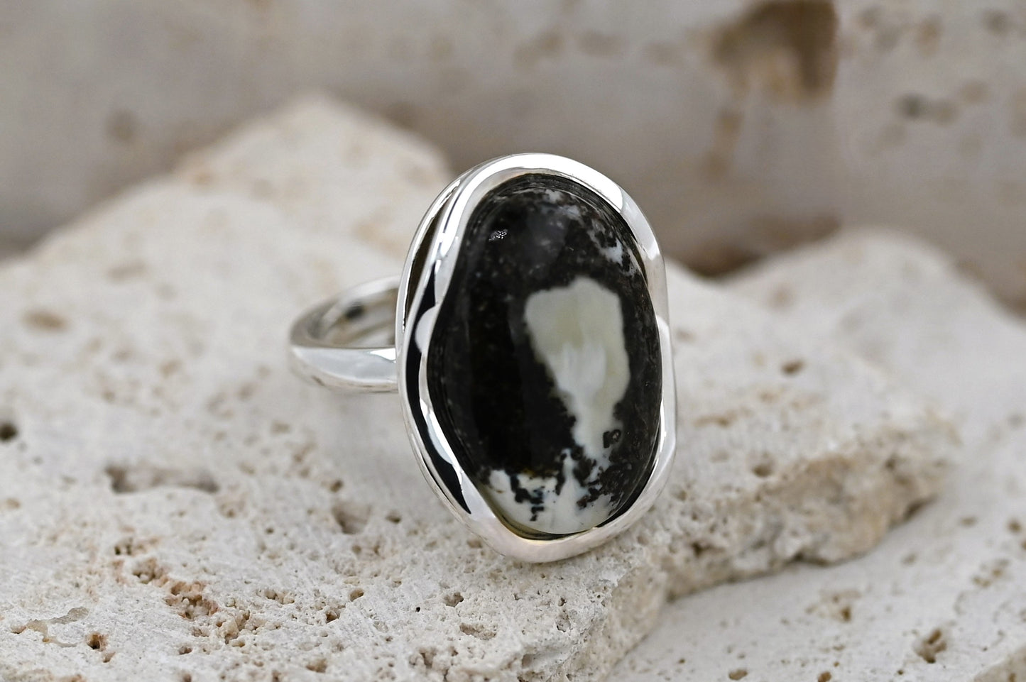 Amber Wave Ring, Black, White, Silver 925