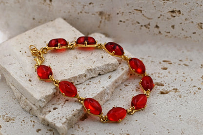 Amber Glow Bracelet, Red, Gold-plated Silver 925