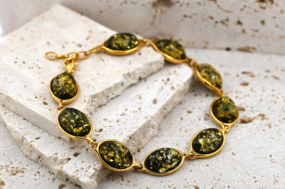 Elegance Amber Bracelet, Green, Gold Plated Silver